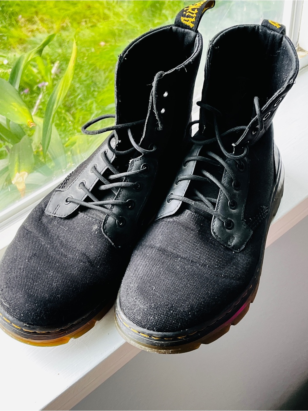 Dr. Martens Black Canvas Lace-Up Boots with Yellow Heel Loop